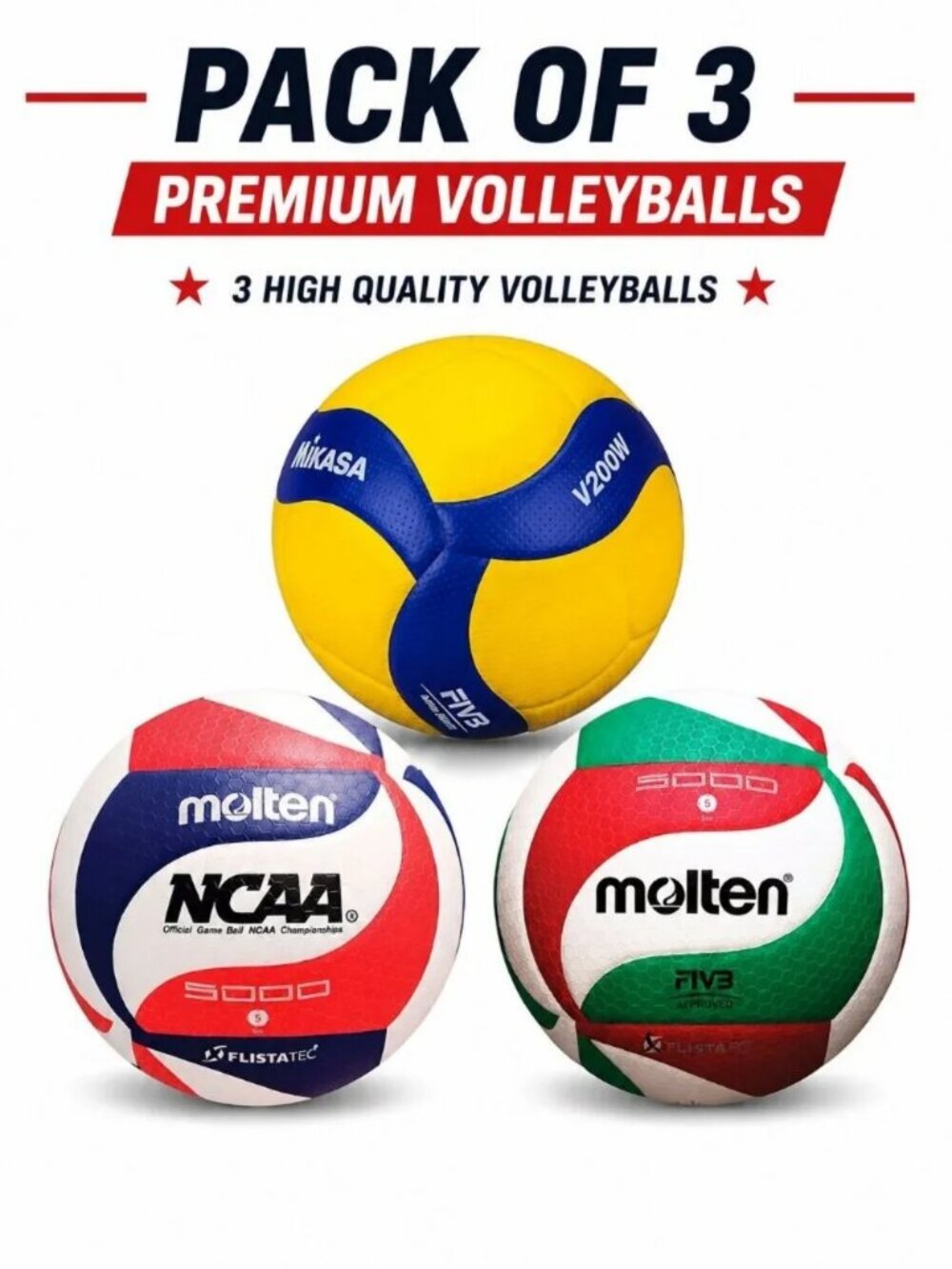 Pack of 3 Official Size Volleyballs – Mikasa V200, Molten NCAA, Molten.